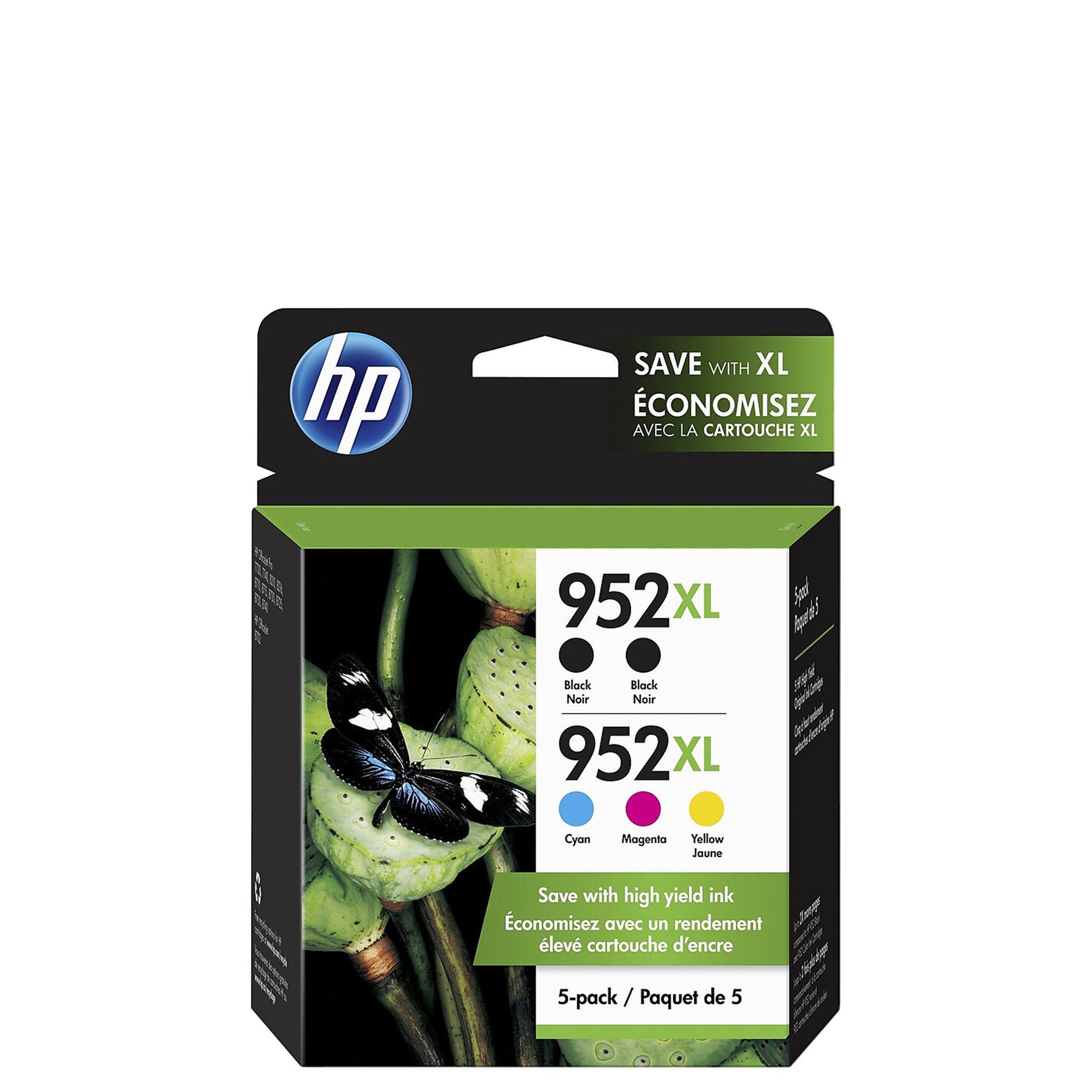 HP 952XL Black/Cyan/Magenta/Yellow High Yield Ink Cartridge, 5/Pack (6ZA00AN#140)
