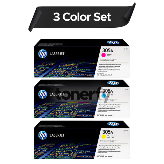 Original HP 305A 3 Color Set CE411A, CE412A, CE413A, Cyan, Magenta, Yellow, Toner Cartridges