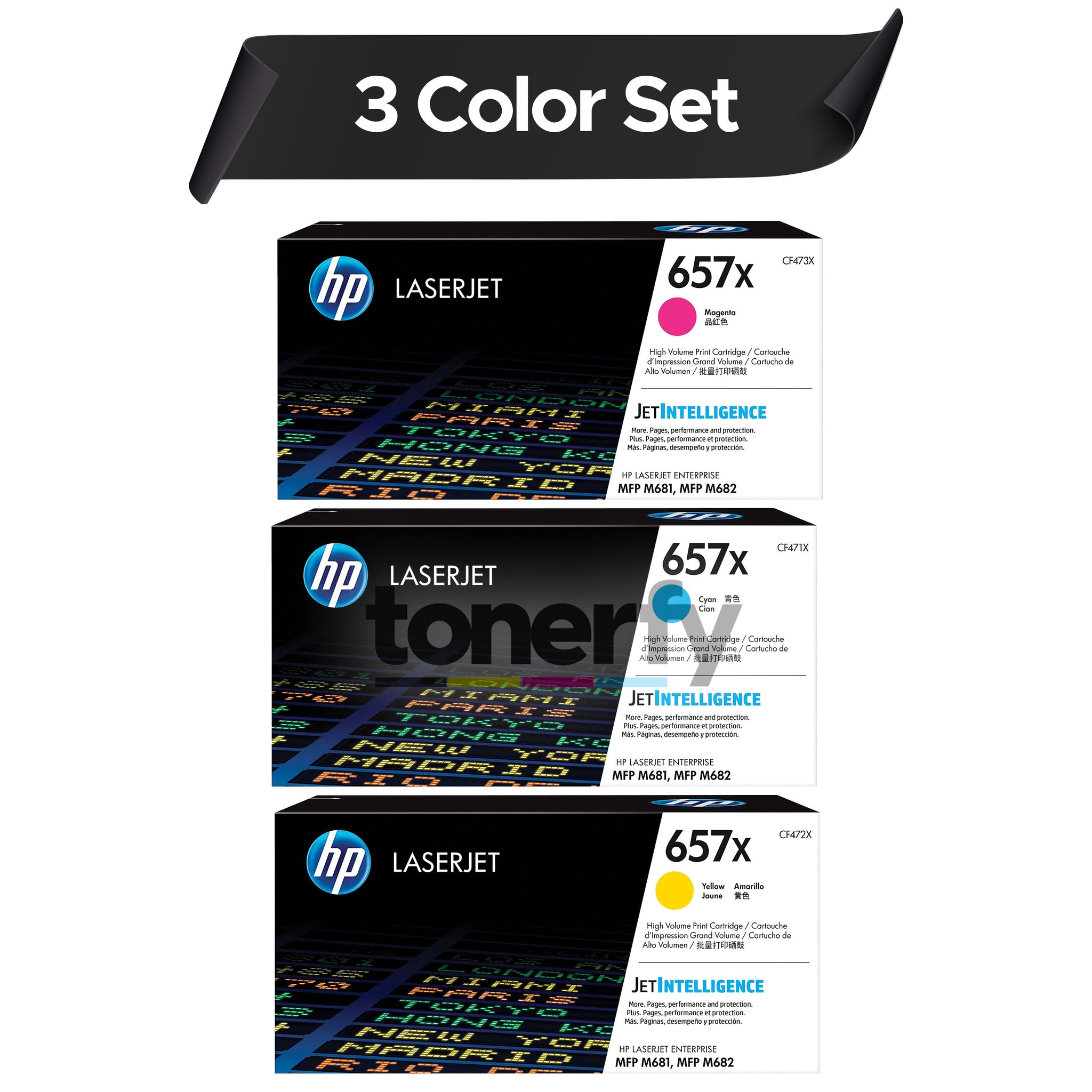 HP 657X Toner Cartridge  3 Color Set  CF471X, CF472X, CF473X