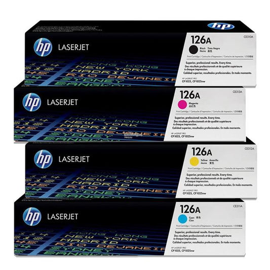 Genuine HP 126A Black, Cyan, Magenta, Yellow, Standard Yield Toner Cartridges, 4/Pack