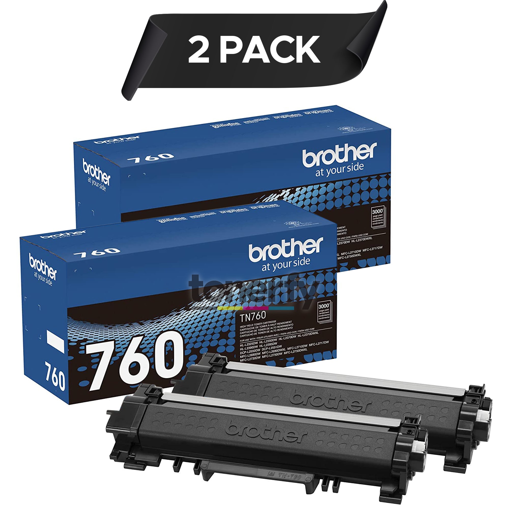 Brother Genuine TN760 2-Pack High Yield Black Toner Cartridge with approximately 3,000 page yield/cartridge