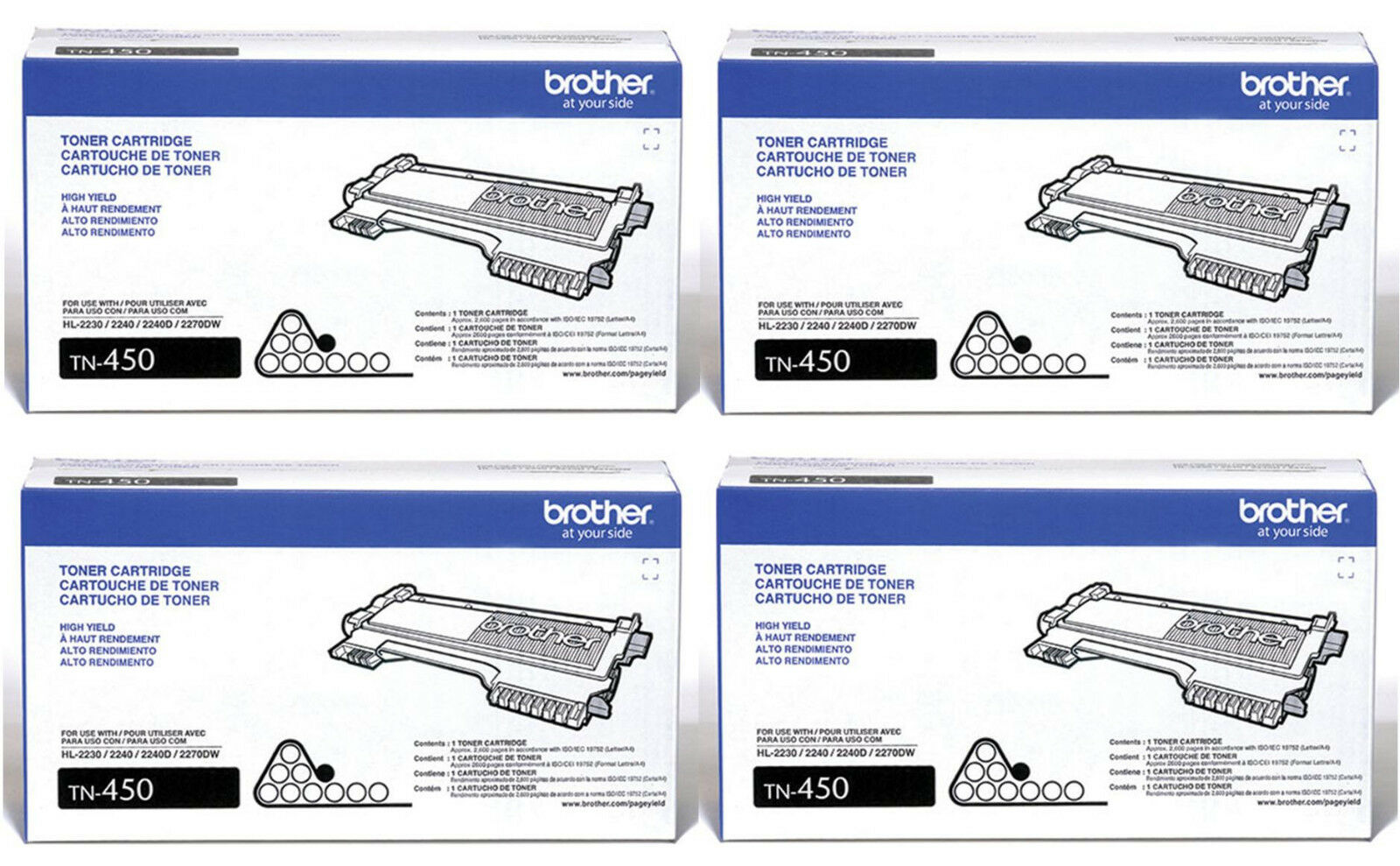 Brother Genuine TN450 4-Pack High Yield Black Toner Cartridge with approximately 2,600 page yield/ each cartridge